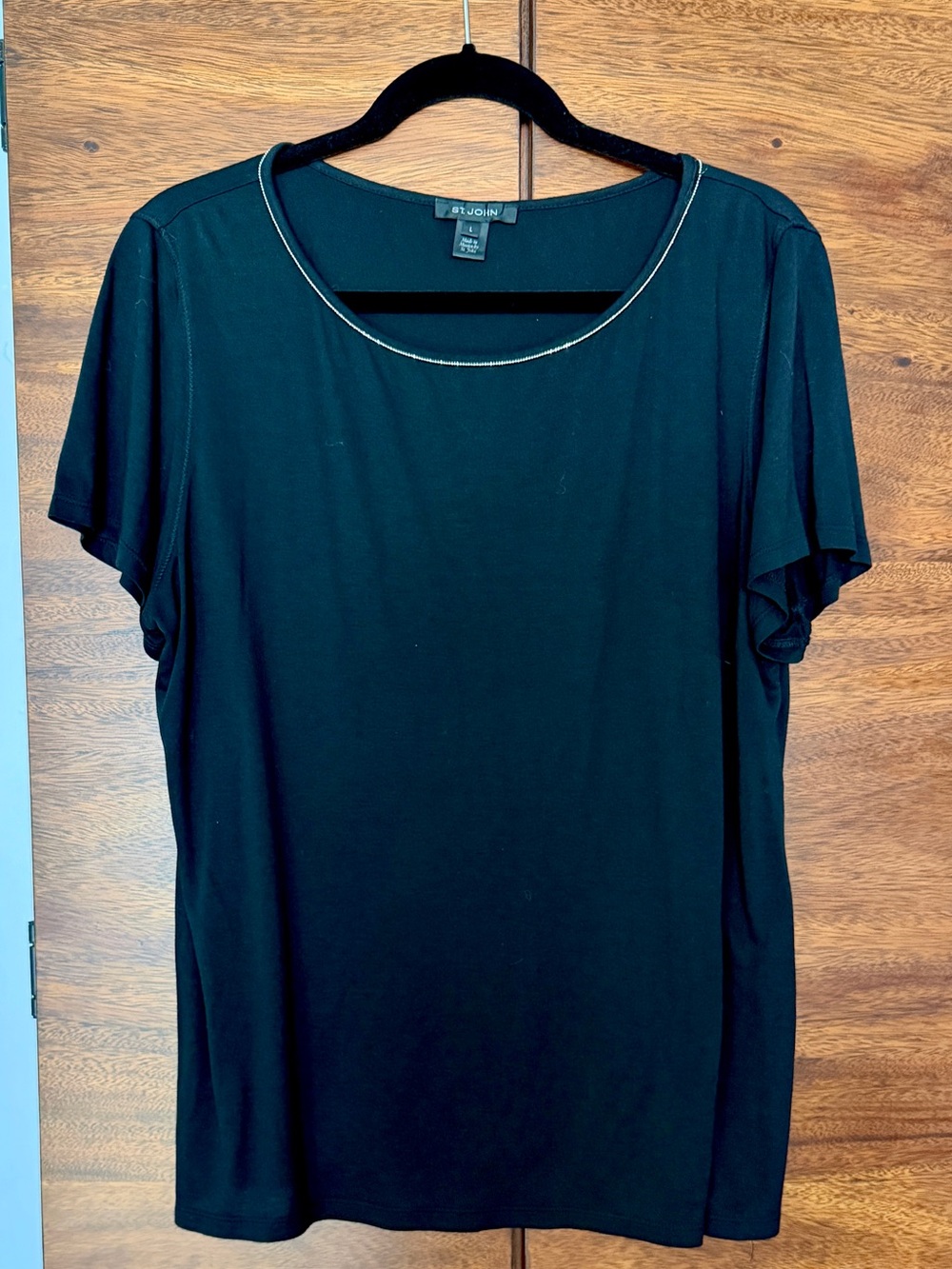 St. John Black Sheer Top With Beaded Neck Trim